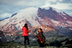 Fremont Fire Lookout at Sunrise Surprise Proposal and Engagement Session in Mount Rainier National Park